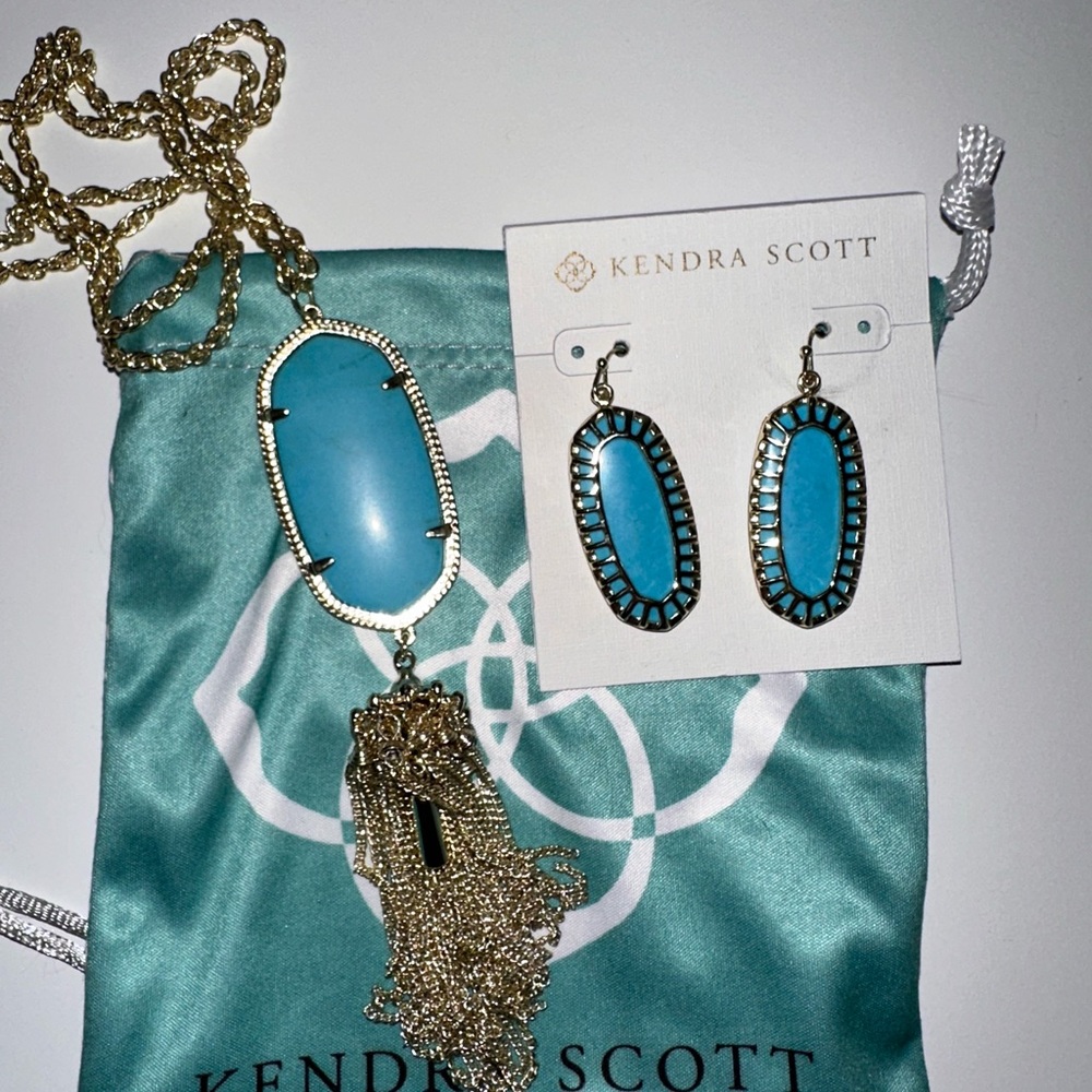 Kendra Scott Turquoise and Gold Tassle Necklace and Earrings